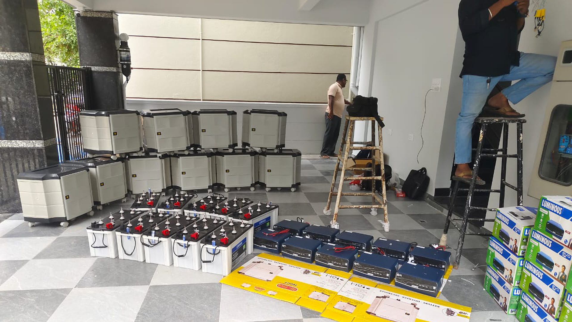 Large battery bank and inverter installation being commissioned on site